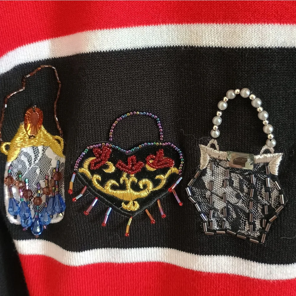 Just B Sequin Beaded Red Black Cardigan Applique Purses Hanging Embellished Sz M